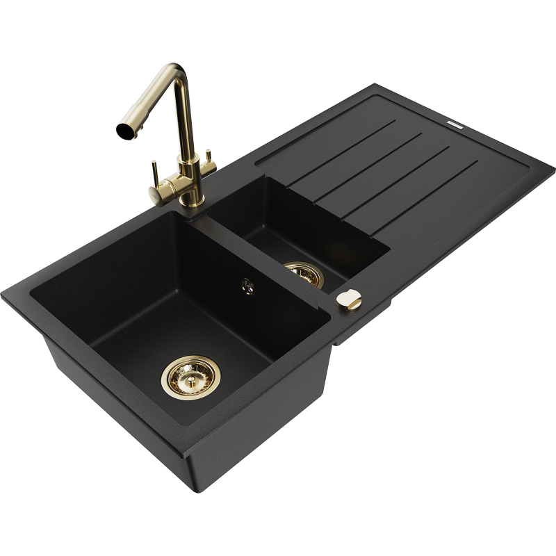 Mexen Andres gránit mosogató 1,5 medencés csepegtetővel és Duero konyhai csappal, fekete - 6515-77-671600-50