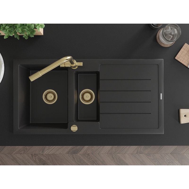 Mexen Andres chiuvetă granit 1,5-cu bol cu picurator și bateria de bucătărie Duero, negru - 6515-77-671600-50