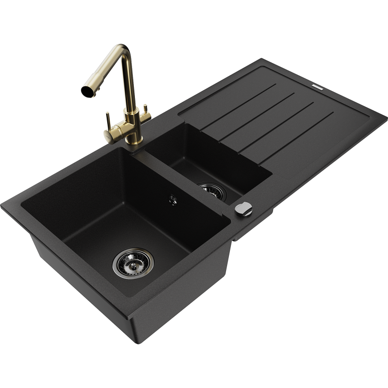 Mexen Andres chiuvetă granit cu 1,5 cuve, cu scurgător și baterie de bucătărie Duero, negru - 6515-77-671600-50-B