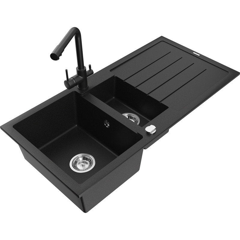 Mexen Andres chiuvetă din granit cu 1,5 cuve cu scurgător și robinet de bucătărie Duero, negru - 6515-77-671600-70