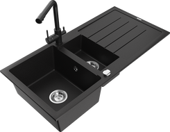 Mexen Andres chiuvetă de granit cu 1,5 compartimente cu picurător și baterie de bucătărie Duero, negru - 6515-77-671600-70
