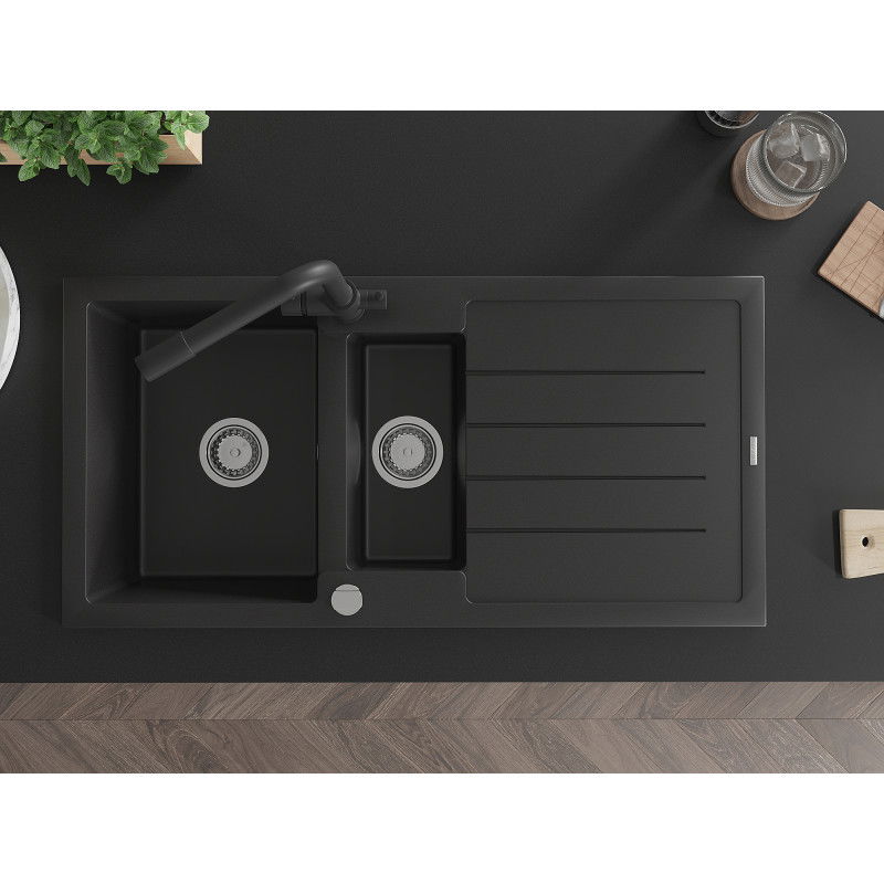 Mexen Andres gránit mosogató 1,5 rekeszes csepegtetővel és Duero konyhai csappal, fekete - 6515-77-671600-70