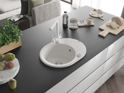 Mexen Kevin egymedencés gránit mosogató csepegtetővel és Duero konyhai csapteleppel, fehér - 6517-20-671600-20