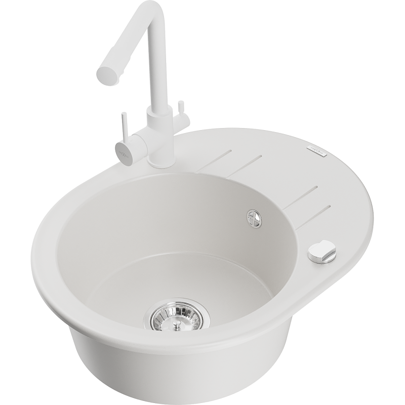 Mexen Kevin chiuvetă de granit cu o cuvă, cu scurgător și baterie de bucătărie Duero, albă - 6517-20-671600-20