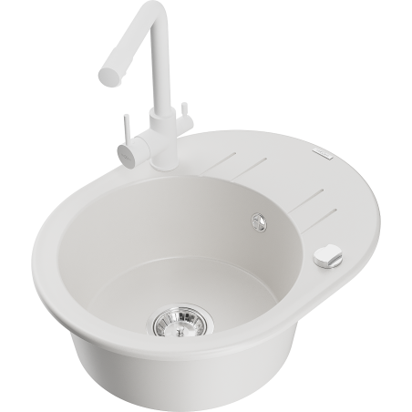 Mexen Kevin chiuvetă de granit cu o cuvă, cu scurgător și baterie de bucătărie Duero, albă - 6517-20-671600-20