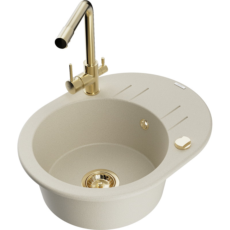 Mexen Kevin chiuvetă de granit cu 1 compartiment, cu picurător și robinet de bucătărie Duero, bej - 6517-69-671600-50