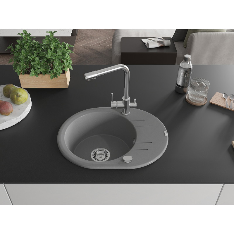 Mexen Kevin chiuvetă granit 1-cameră cu scurgător și baterie de bucătărie Duero, gri - 6517-71-671600-00