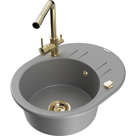 Mexen Kevin chiuvetă de granit cu 1 compartiment cu picurător și baterie de bucătărie Duero, gri - 6517-71-671600-50