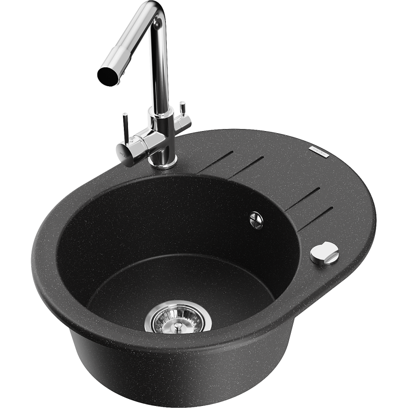 Mexen Kevin chiuvetă de bucătărie din granit cu 1 cuvă și picurător și baterie Duero, negru/argintiu metalic