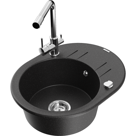 Mexen Kevin chiuvetă de bucătărie din granit cu 1 cuvă și picurător și baterie Duero, negru/argintiu metalic