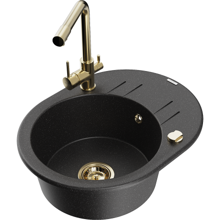 Mexen Kevin chiuvetă de granit cu 1 cameră cu scurgător și baterie de bucătărie Duero, negru/argintiu metalic