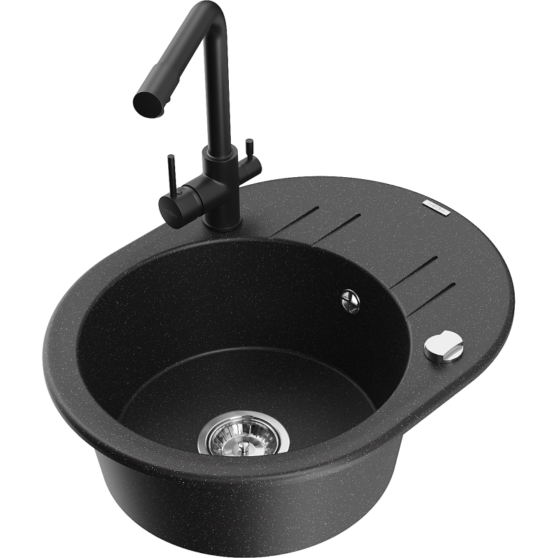 Mexen Kevin chiuvetă de granit cu 1 cuvă cu picurător și baterie de bucătărie Duero, negru/metalic argintiu