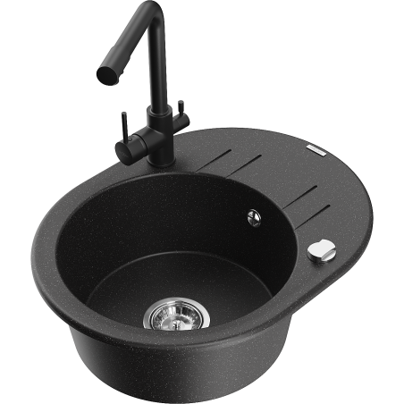 Mexen Kevin chiuvetă de granit cu 1 cuvă cu picurător și baterie de bucătărie Duero, negru/metalic argintiu