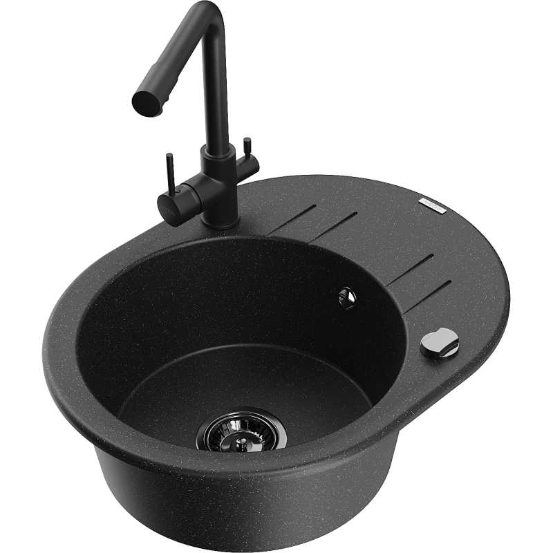 Mexen Kevin chiuvetă granit 1-vas cu scurgător și baterie de bucătărie Duero, negru/argintiu metalizat