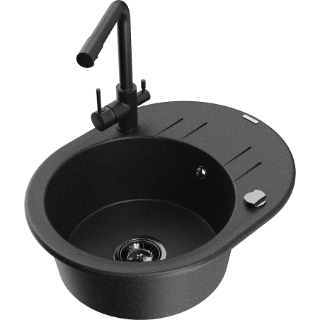 Mexen Kevin chiuvetă granit 1-vas cu scurgător și baterie de bucătărie Duero, negru/argintiu metalizat