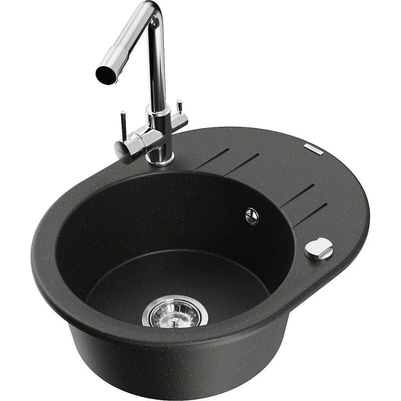 Mexen Kevin chiuvetă de granit cu 1 cuvă și scurgător și baterie de bucătărie Duero, negru/auriu metalizat