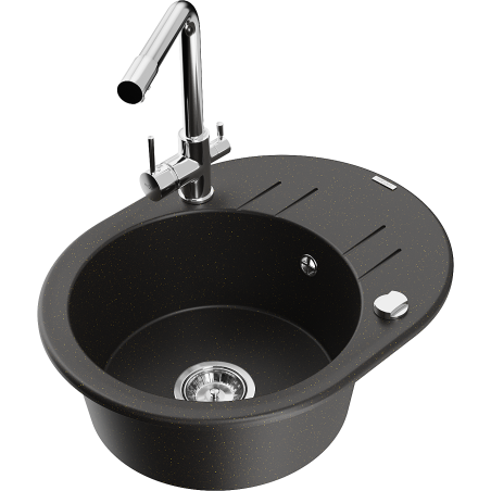 Mexen Kevin chiuvetă de granit cu 1 cuvă și scurgător și baterie de bucătărie Duero, negru/auriu metalizat