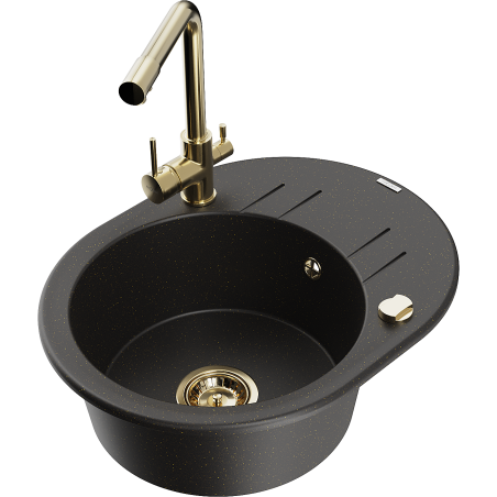 Mexen Kevin chiuvetă de granit cu o cuvă, cu picurător și baterie de bucătărie Duero, negru/auriu metalizat