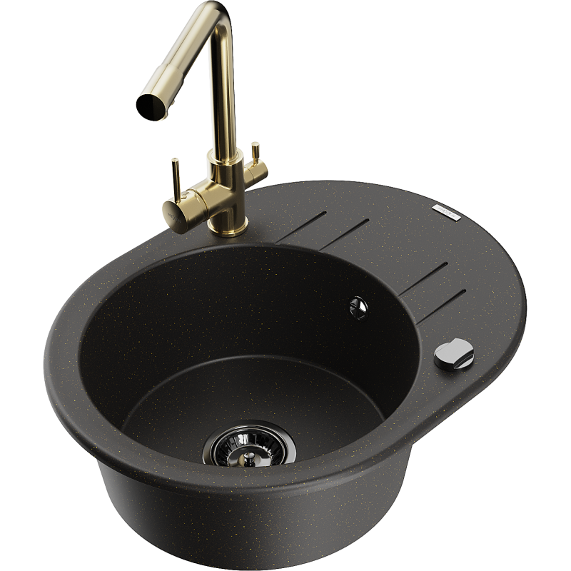 Mexen Kevin chiuvetă de granit cu 1 compartiment cu scurgător și baterie de bucătărie Duero, negru/auriu metalic