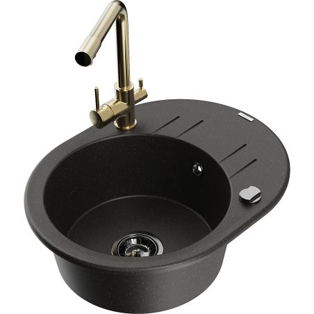 Mexen Kevin chiuvetă de granit cu 1 compartiment cu scurgător și baterie de bucătărie Duero, negru/auriu metalic