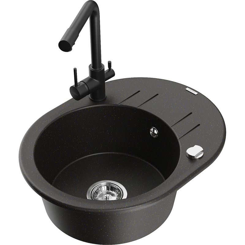 Mexen Kevin chiuvetă granit 1-cameră cu scurgător și baterie de bucătărie Duero, negru/auriu metalic - 6517-75-671600-70