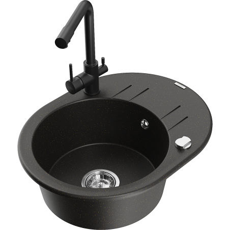 Mexen Kevin chiuvetă granit 1-cameră cu scurgător și baterie de bucătărie Duero, negru/auriu metalic - 6517-75-671600-70