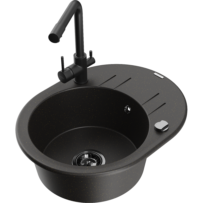 Mexen Kevin chiuvetă din granit cu o cuvă, cu picurător și robinet de bucătărie Duero, negru/auriu metalic