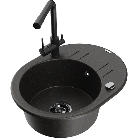 Mexen Kevin chiuvetă din granit cu o cuvă, cu picurător și robinet de bucătărie Duero, negru/auriu metalic