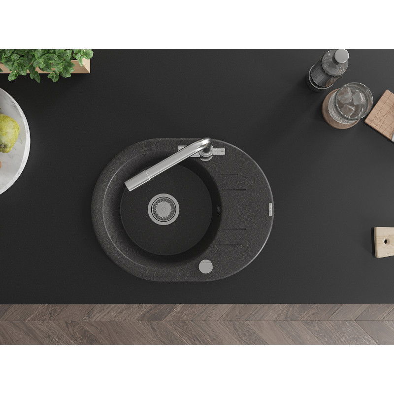Mexen Kevin chiuvetă de bucătărie din granit cu o cuvă, cu scurgător și baterie Duero, negru pătat - 6517-76-671600-00