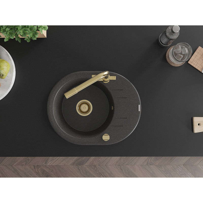 Mexen Kevin egymedencés gránit mosogató csepegtetővel és Duero konyhai csappal, fekete pettyes - 6517-76-671600-50