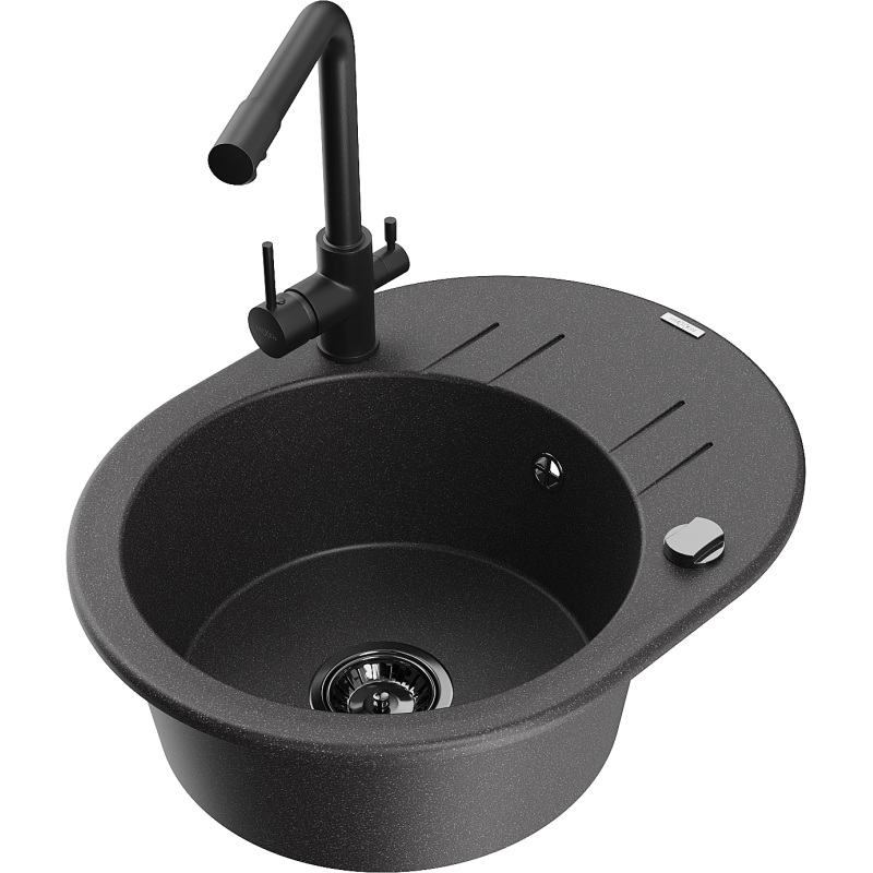 Mexen Kevin chiuvetă de granit cu 1 cuvă, cu scurgător și baterie de bucătărie Duero, negru picurat - 6517-76-671600-70-B