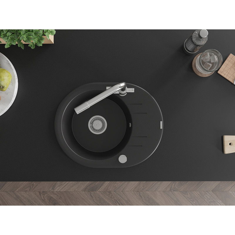 Mexen Kevin chiuvetă din granit cu 1 compartiment cu picurător și baterie de bucătărie Duero, negru - 6517-77-671600-00
