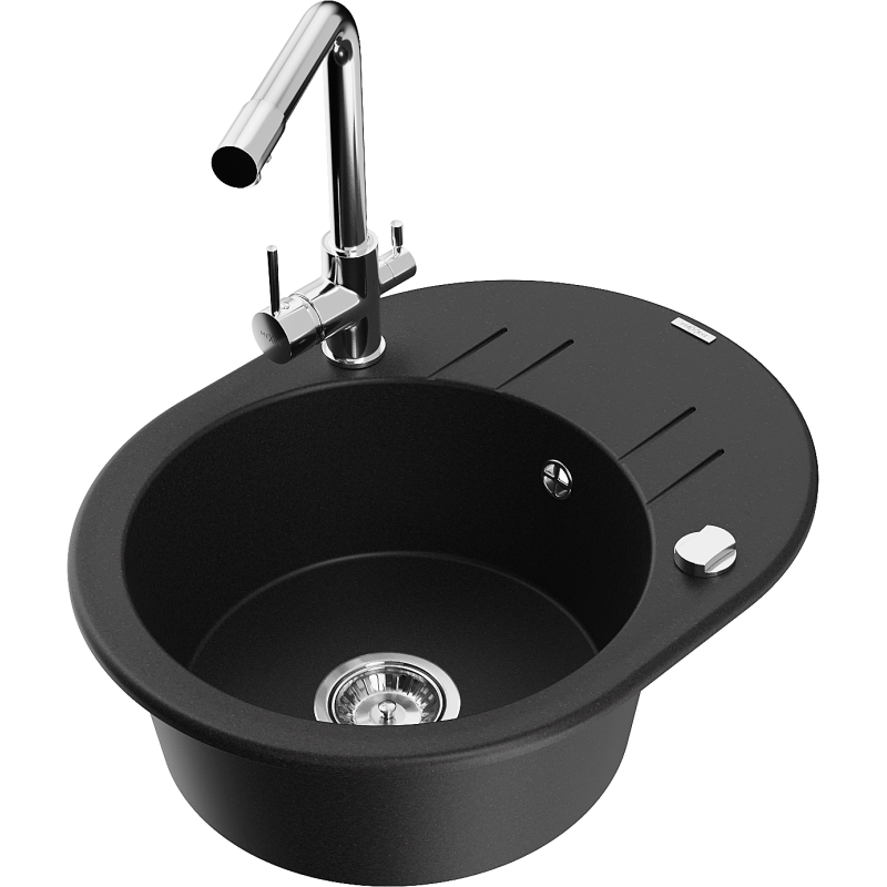 Mexen Kevin chiuvetă din granit cu 1 compartiment cu picurător și baterie de bucătărie Duero, negru - 6517-77-671600-00