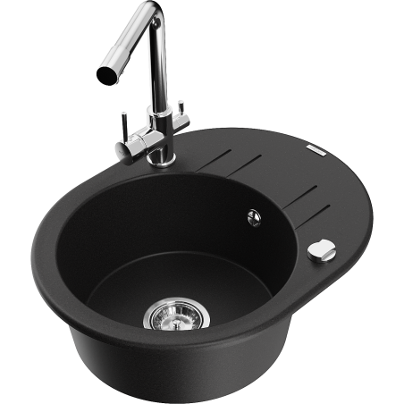 Mexen Kevin chiuvetă din granit cu 1 compartiment cu picurător și baterie de bucătărie Duero, negru - 6517-77-671600-00