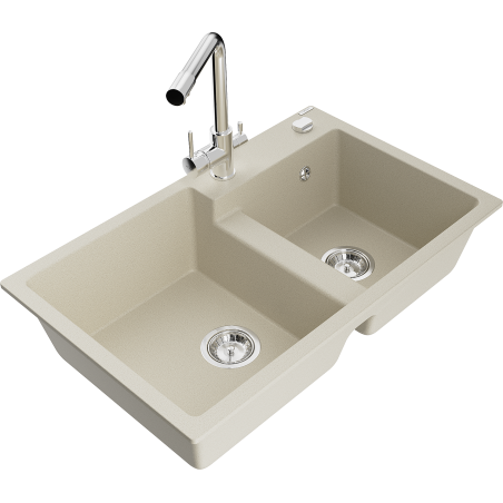 Mexen Tomas chiuvetă de bucătărie din granit cu 2 compartimente și baterie Duero, bej - 6516-69-671600-00
