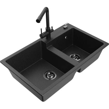 Mexen Tomas chiuvetă din granit cu 2 compartimente cu baterie de bucătărie Duero, negru/argintiu metalizat