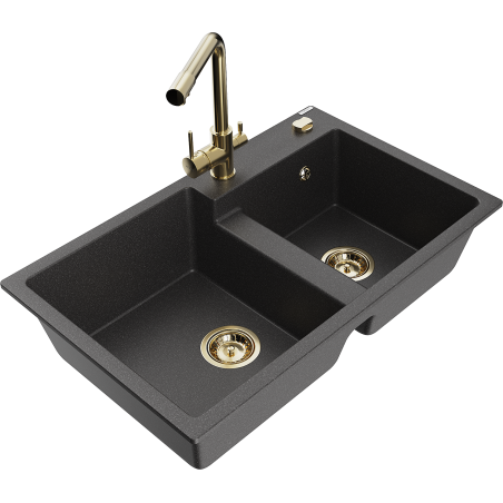 Mexen Tomas 2-kamrás gránit mosogató Duero konyhai csappal, fekete pöttyös - 6516-76-671600-50