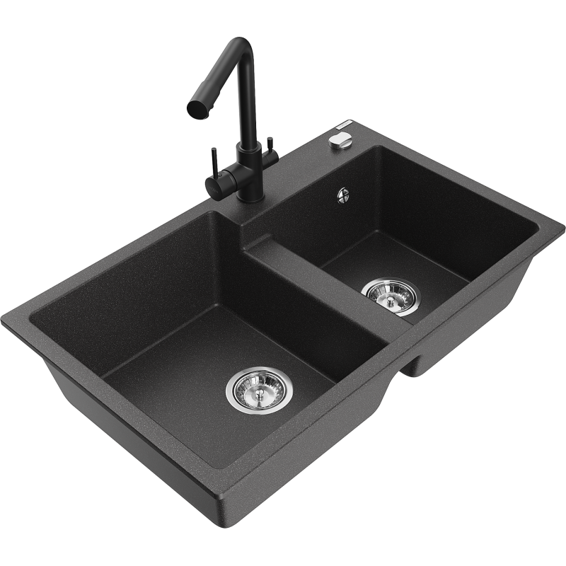 Mexen Tomas gránit kéttálcás mosogató Duero konyhai csapteleppel, fekete pöttyös - 6516-76-671600-70