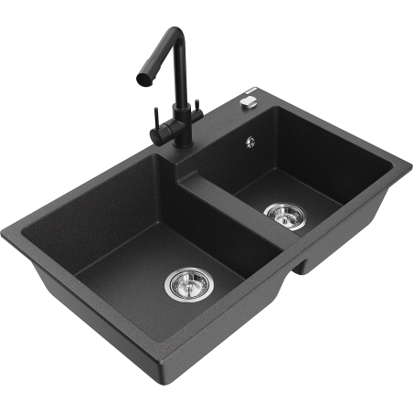 Mexen Tomas gránit kéttálcás mosogató Duero konyhai csapteleppel, fekete pöttyös - 6516-76-671600-70
