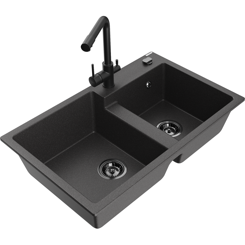 Mexen Tomas 2-medencés gránit mosogató Duero konyhai csappal, fekete pettyes - 6516-76-671600-70-B