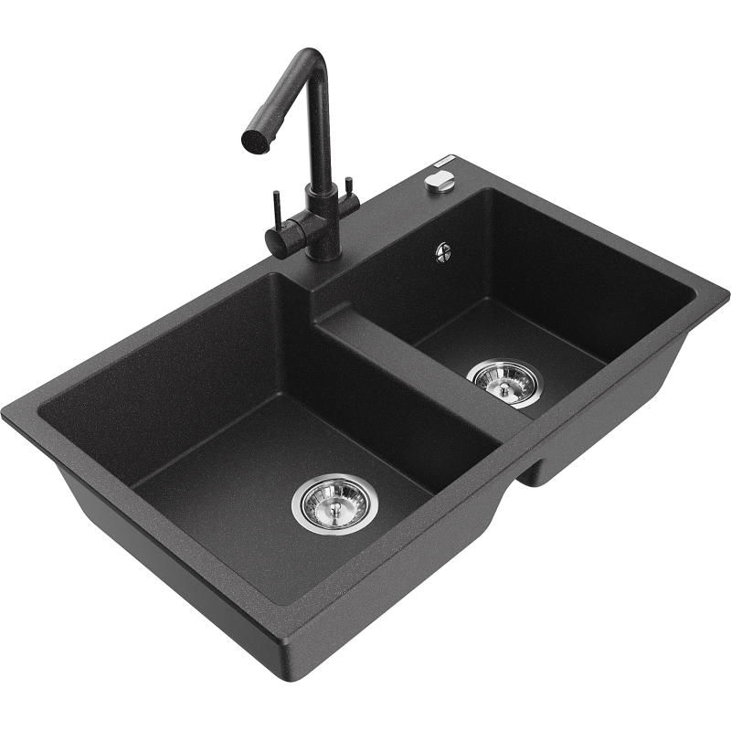 Mexen Tomas chiuvetă de bucătărie din granit cu 2 compartimente și baterie Duero, negru stropit - 6516-76-671600-76