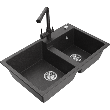 Mexen Tomas chiuvetă de bucătărie din granit cu 2 compartimente și baterie Duero, negru stropit - 6516-76-671600-76