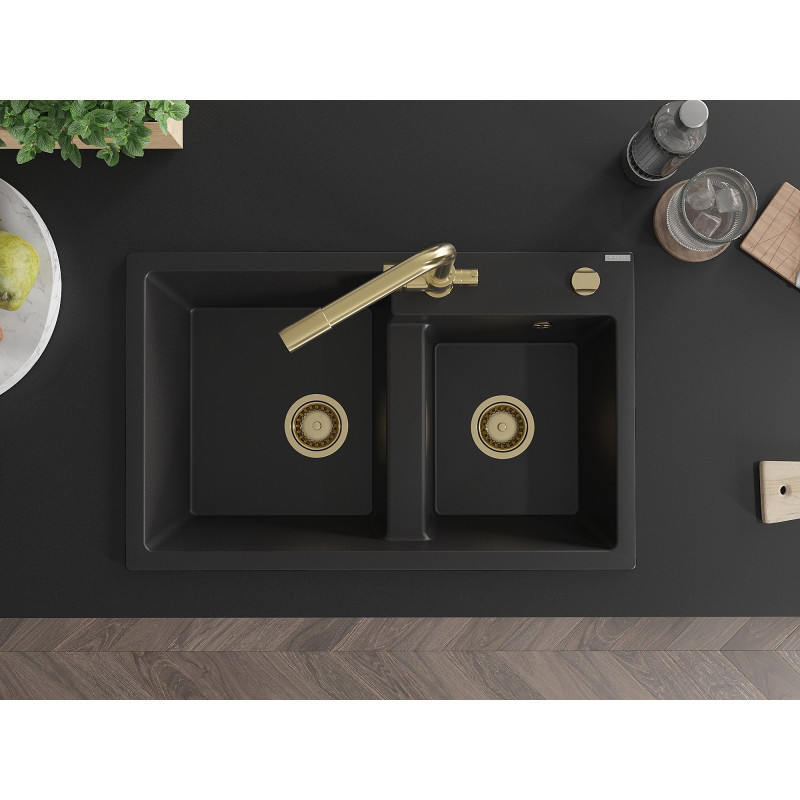 Mexen Tomas gránit 2-medencés mosogató konyhai csapteleppel Duero, fekete - 6516-77-671600-50