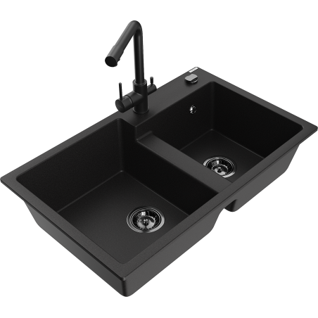 Mexen Tomas chiuvetă de bucătărie granit cu 2 compartimente cu baterie de bucătărie Duero, negru - 6516-77-671600-70-B