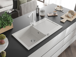 Mexen Leo egykamrás gránit mosogató lefolyótálcával és Duero konyhai csapteleppel, fehér - 6501-20-671600-20