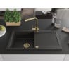 Mexen Leo chiuvetă de bucătărie din granit cu 1 cuvă și scurgător și baterie Duero, negru/auriu metalic - 6501-75-671600-50