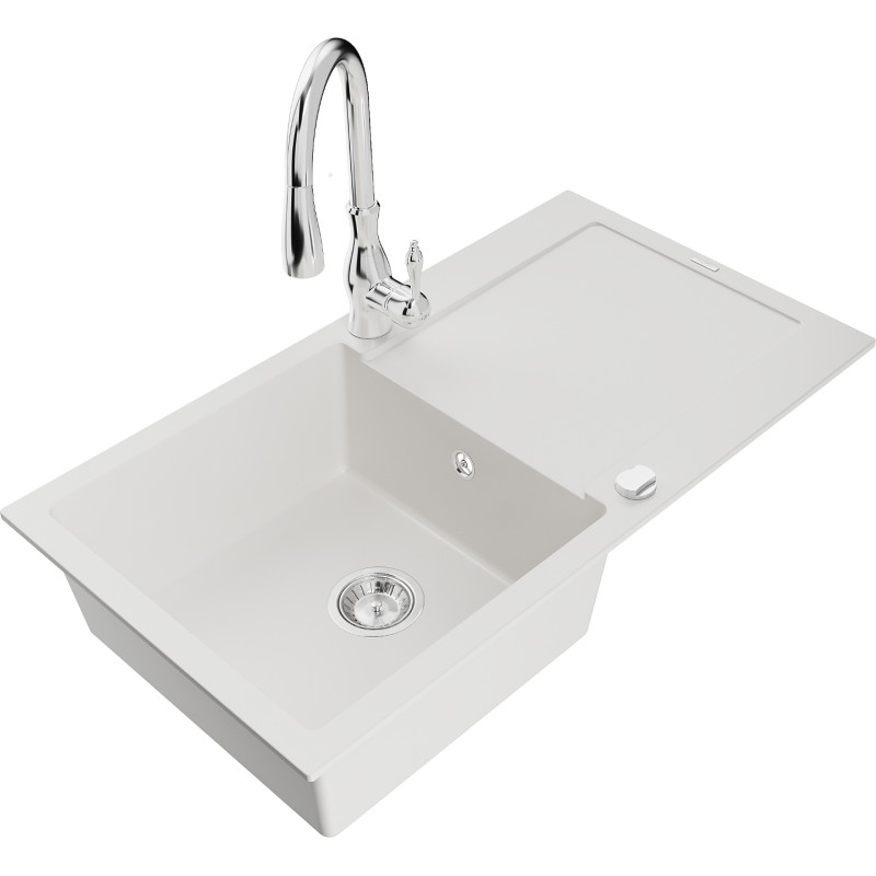 Mexen Leo chiuvetă de bucătărie din granit cu 1 cuvă cu scurgător și baterie Savita, alb - 6501-20-672601-00