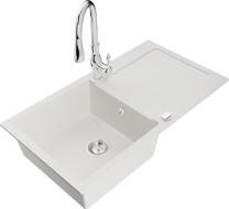 Mexen Leo chiuvetă de granit cu o cuvă și scurgător și baterie de bucătărie Savita, alb - 6501-20-672601-00