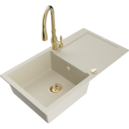 Mexen Leo chiuvetă de granit cu 1 compartiment, cu scurgător și baterie de bucătărie Savita, bej - 6501-69-672601-50