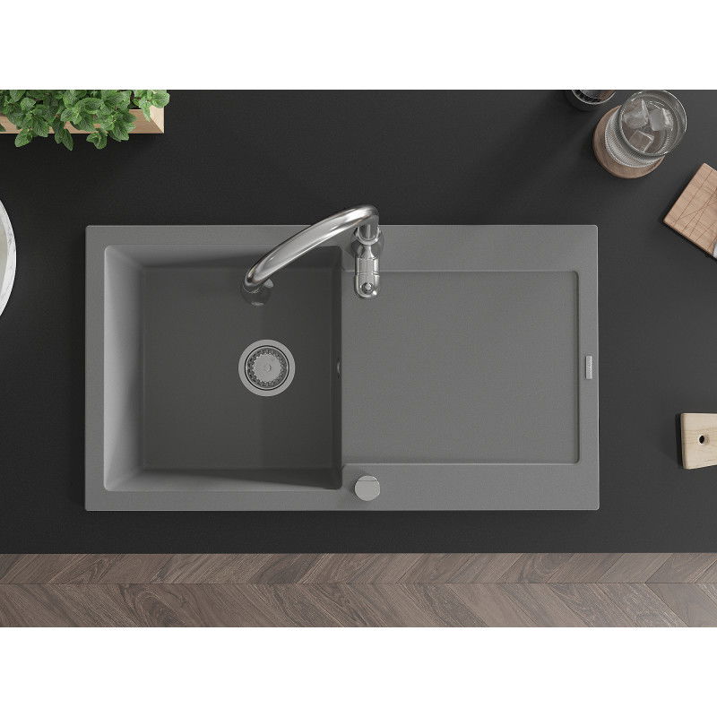 Mexen Leo gránit mosogató 1-medencés csepegtetővel és Savita konyhai csappal, szürke - 6501-71-672601-00
